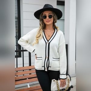 Contrast Color Waffle Knit Button Front Varsity Sweater Cardigan with Pockets